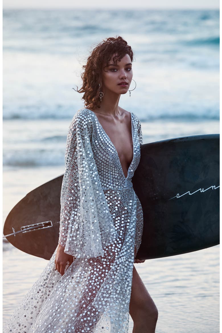 Toby Sequin High/Low Wedding Dress, Alternate, color, SILVER