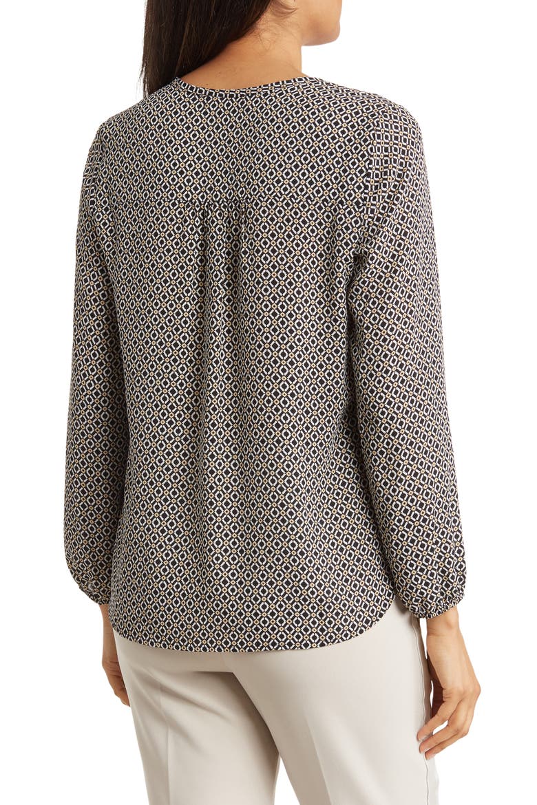Floral V-Neck Shirred Long Sleeve Top, Alternate, color, BLACK WHITE TAUPE SQ CHAIN GEO