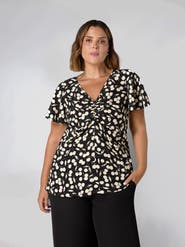 Live Unlimited Cherry Print Ruched Flutter Sleeve Top