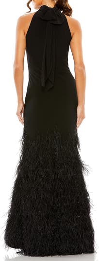 Feather Tiered Detail Jersey Halter Gown