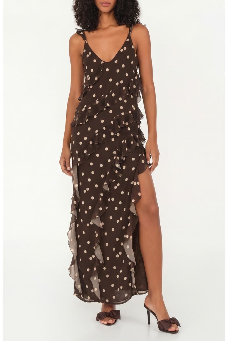 Cascade Ruffle Chiffon Maxi Dress, Main, color, POLKA DOTS CREAM