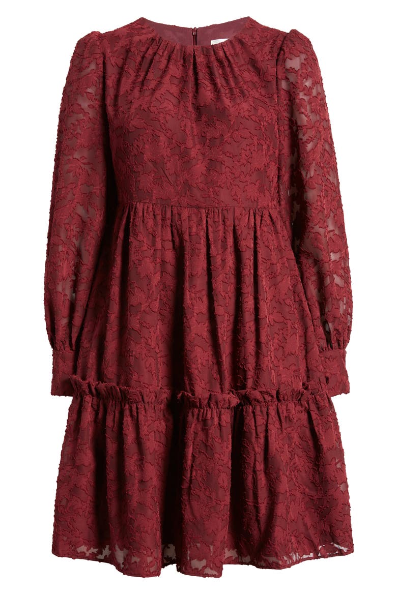 Floral Lace Long Sleeve Tiered Dress, Alternate, color, WINE