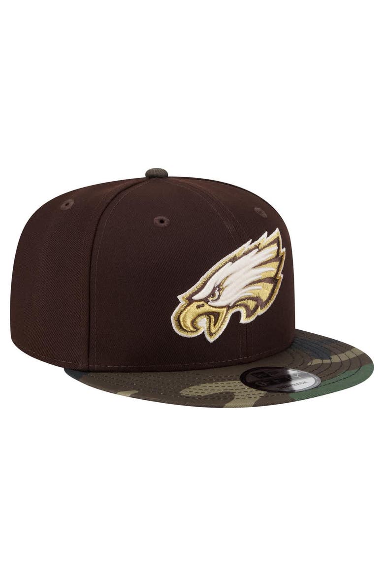 Men's New Era  Dark Brown Philadelphia Eagles Burnt Wood Camo 9FIFTY Snapback Hat, Alternate, color, Dark Brown
