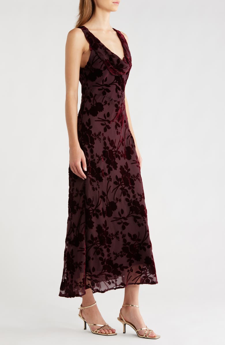 ASTR the Label Floris Floral Burnout Velvet Maxi Dress, Alternate, color, Wine