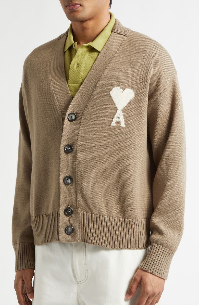 AMI PARIS Ami de Coeur Intarsia Wool & Cotton Cardigan, Alternate, color, Beige Taupe/ Ecru