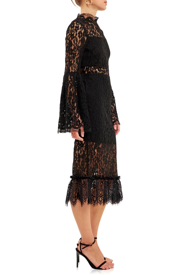 Long Sleeve Lace Midi Dress, Alternate, color, BLACK