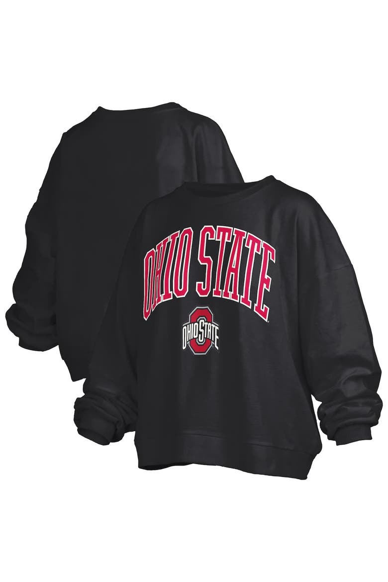 Women's Pressbox Black Ohio State Buckeyes Janise Arch Over Logo Waist Length Oversized Pullover Sweatshirt, Alternate, color, Black