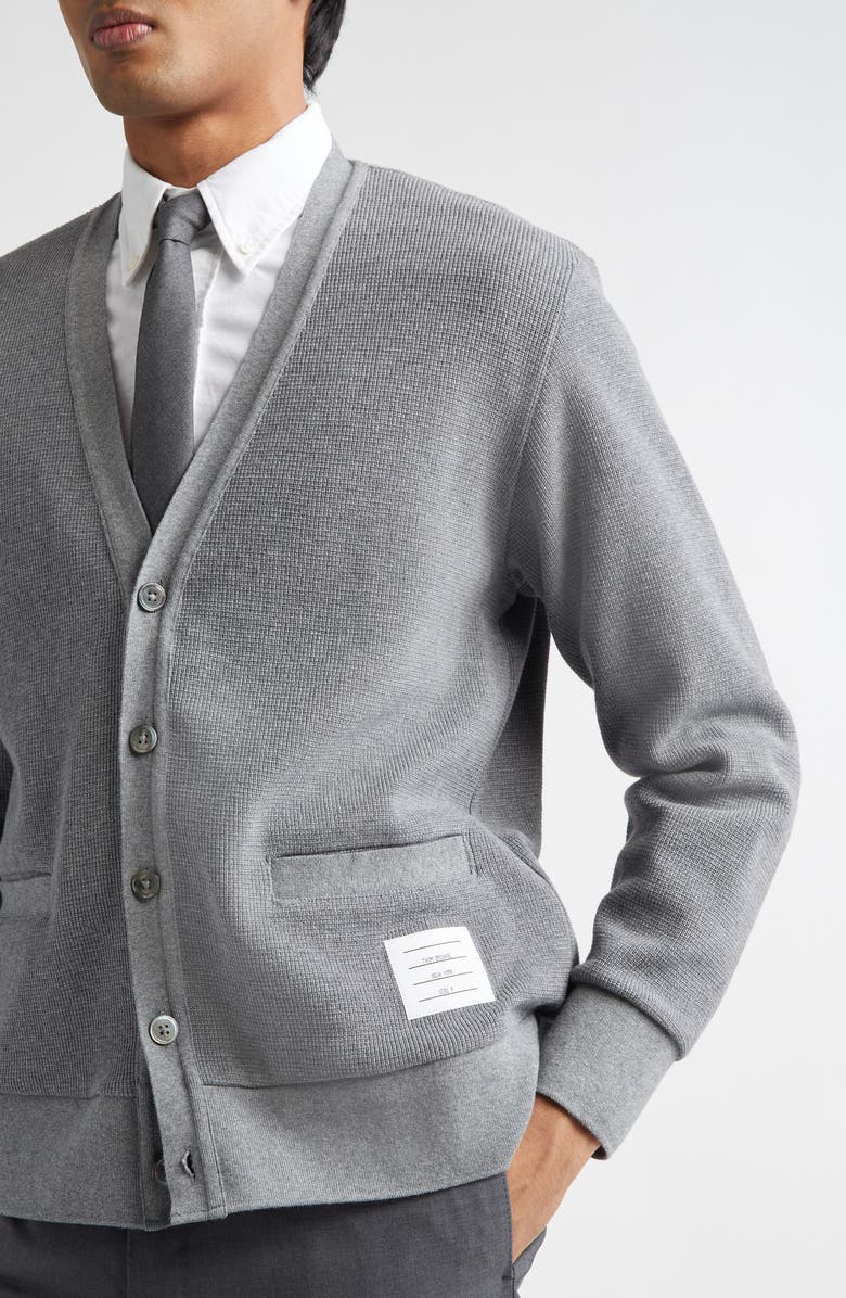 Thom Browne Waffle Knit V-Neck Cardigan, Alternate, color, Med Grey