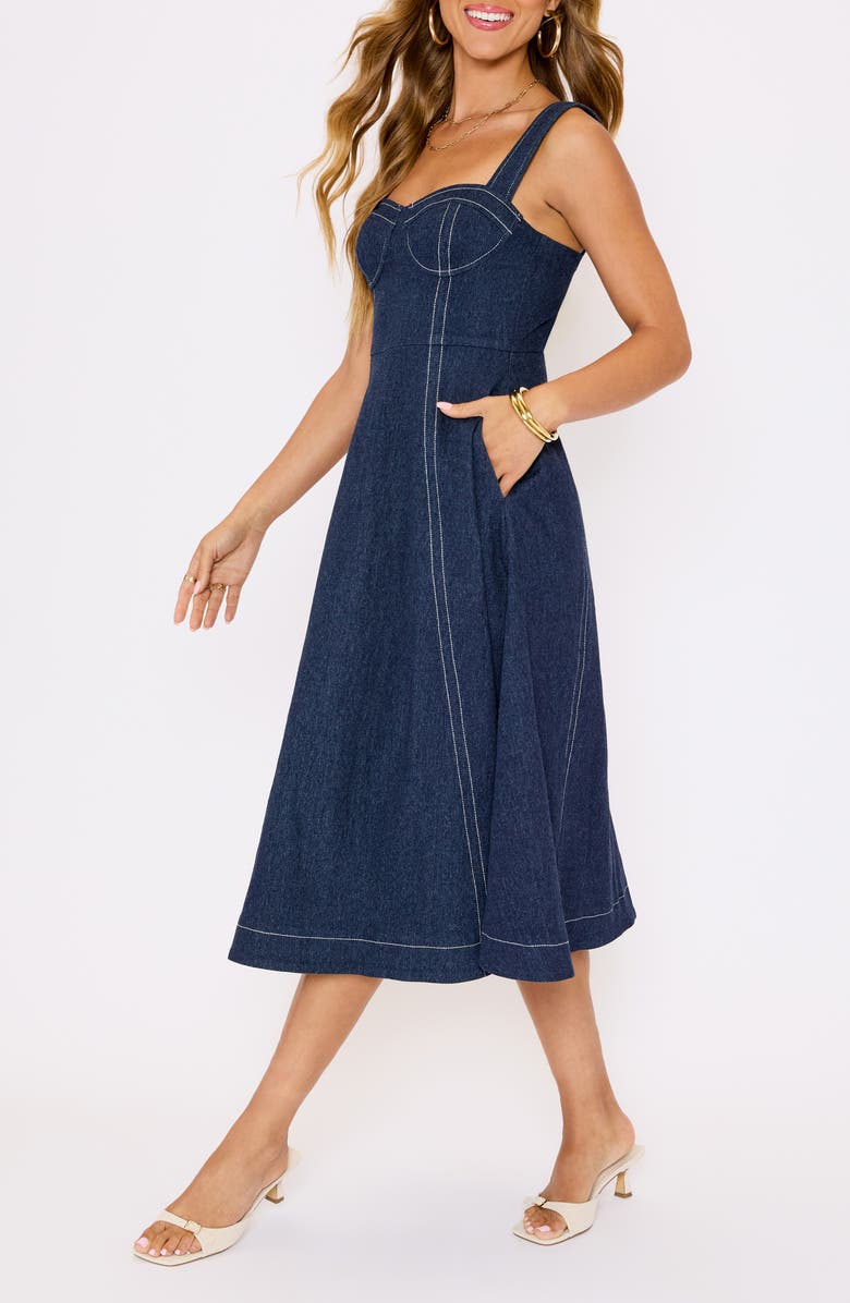 VICI Collection Rey Bustier Bodice Denim Midi Dress, Alternate, color, Dk Denim Blue