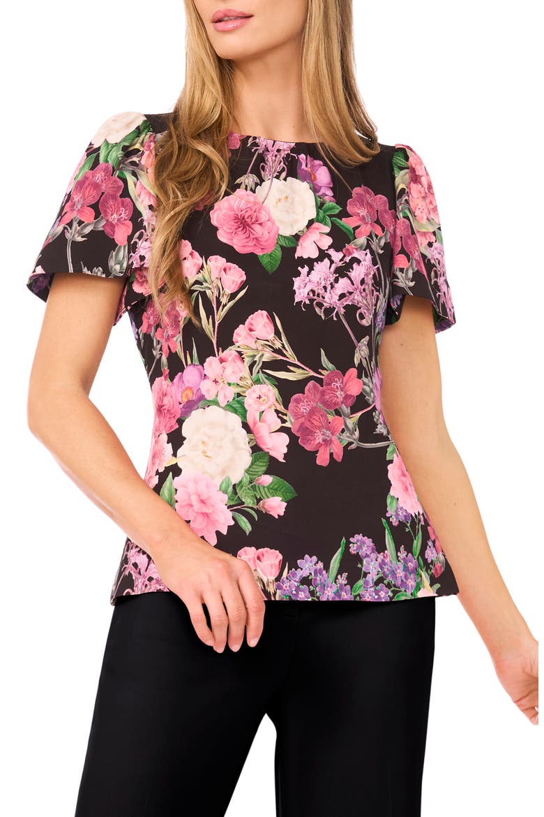 Lauren Floral Print Flutter Sleeve Top, Main, color, RICH BLACK