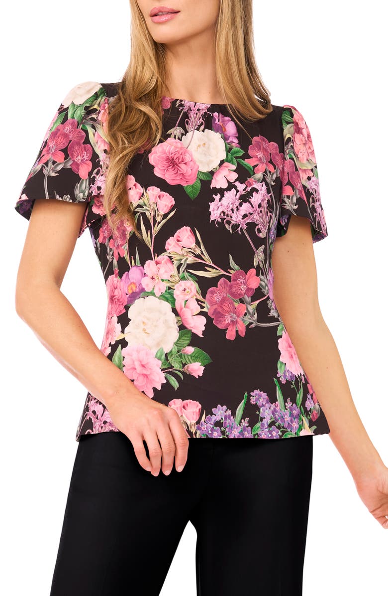 Ted Baker Lauren Floral Print Flutter Sleeve Top, Main, color, Rich Black
