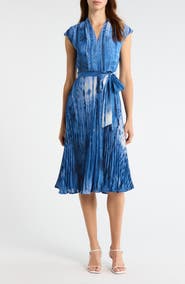 Tahari ASL Printed Plissé Tie Waist Midi Dress