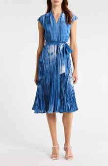 Tahari ASL Printed Plissé Tie Waist Midi Dress