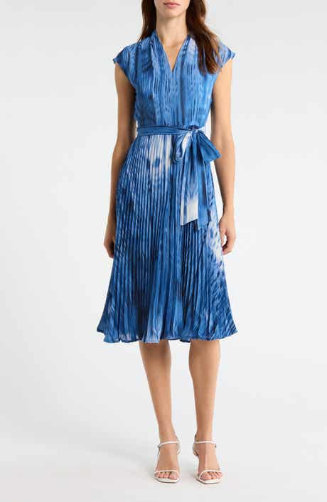 Tahari ASL Printed Plissé Tie Waist Midi Dress