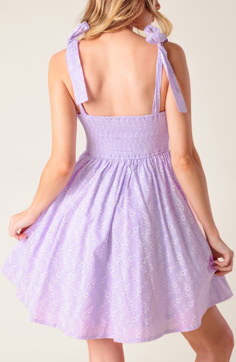 FLYING TOMATO Floral Embroidered Tie Strap Fit & Flare Minidress, Alternate, color, Lavender
