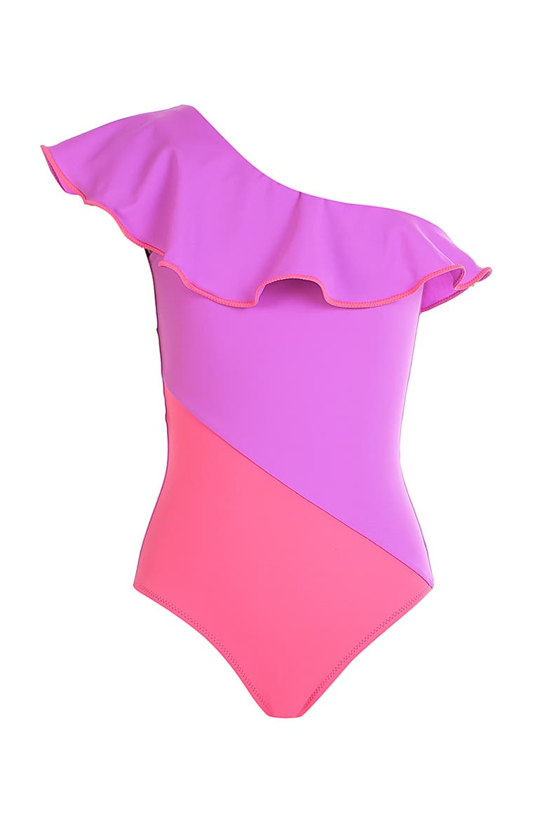 One-Shoulder Vibrant Diagonal Blocked  One-Piece Swimsuit, Main, color, Purple-Pink