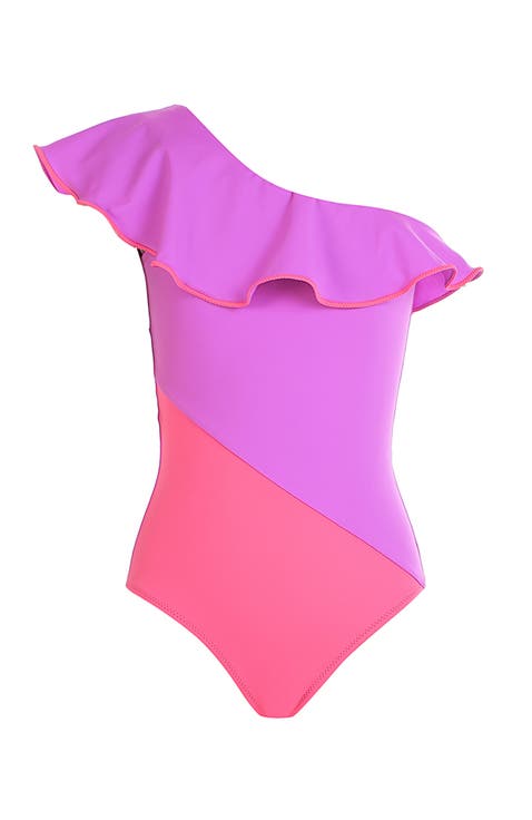 One-Shoulder Vibrant Diagonal Blocked  One-Piece Swimsuit