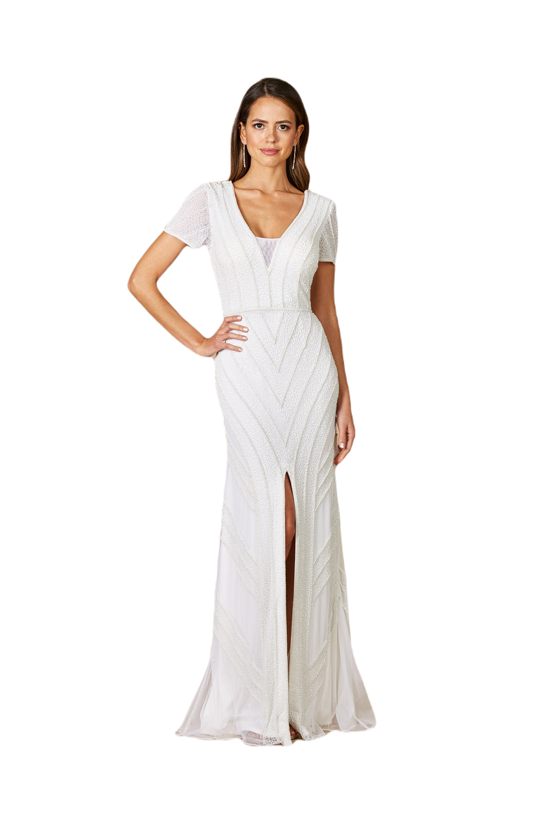 Gabriella Beaded Plunge Wedding Dress, Main, color, Ivory