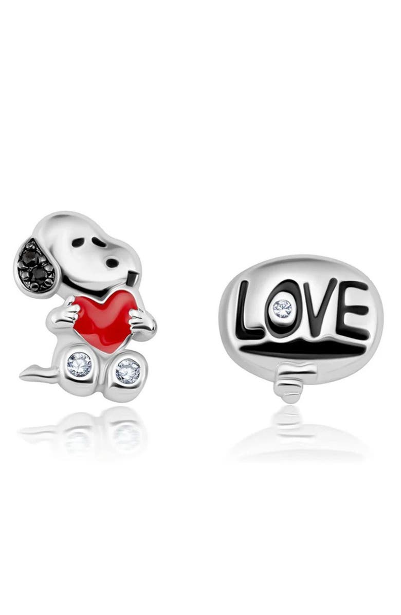 Crislu x Peanuts<sup>®</sup> Snoopy's Love Mismatched Stud Earrings, Main, color, Pure Platinum / Clear Stone