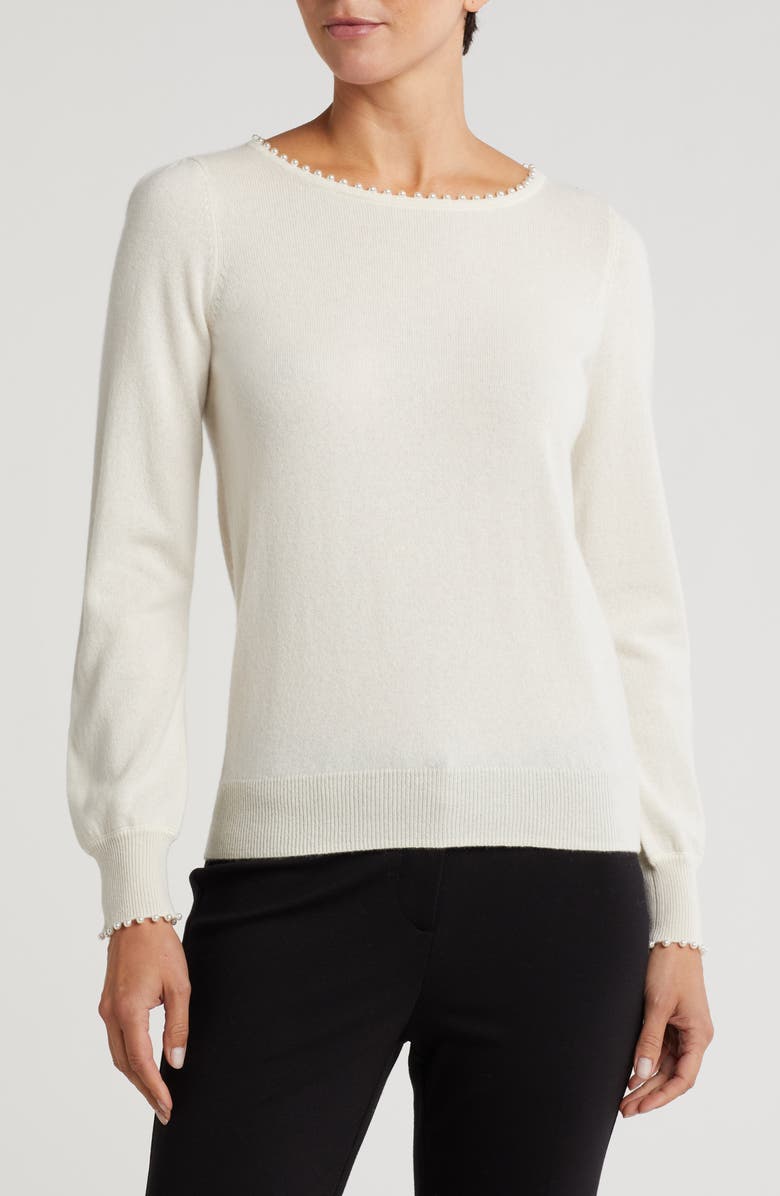 Sofia Cashmere Imitation Pearl Cashmere Crewneck Sweater, Main, color, Ivory
