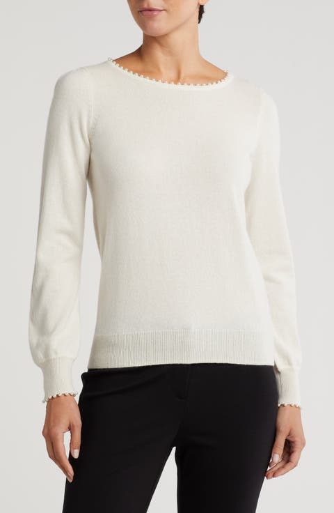 Imitation Pearl Cashmere Crewneck Sweater