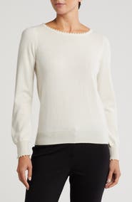 Sofia Cashmere Imitation Pearl Cashmere Crewneck Sweater