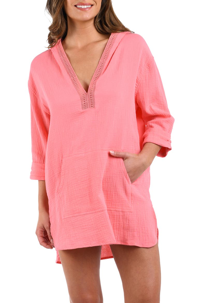 Hooded Cotton Gauze Cover-Up Tunic, Alternate, color, LIGHT CORAL