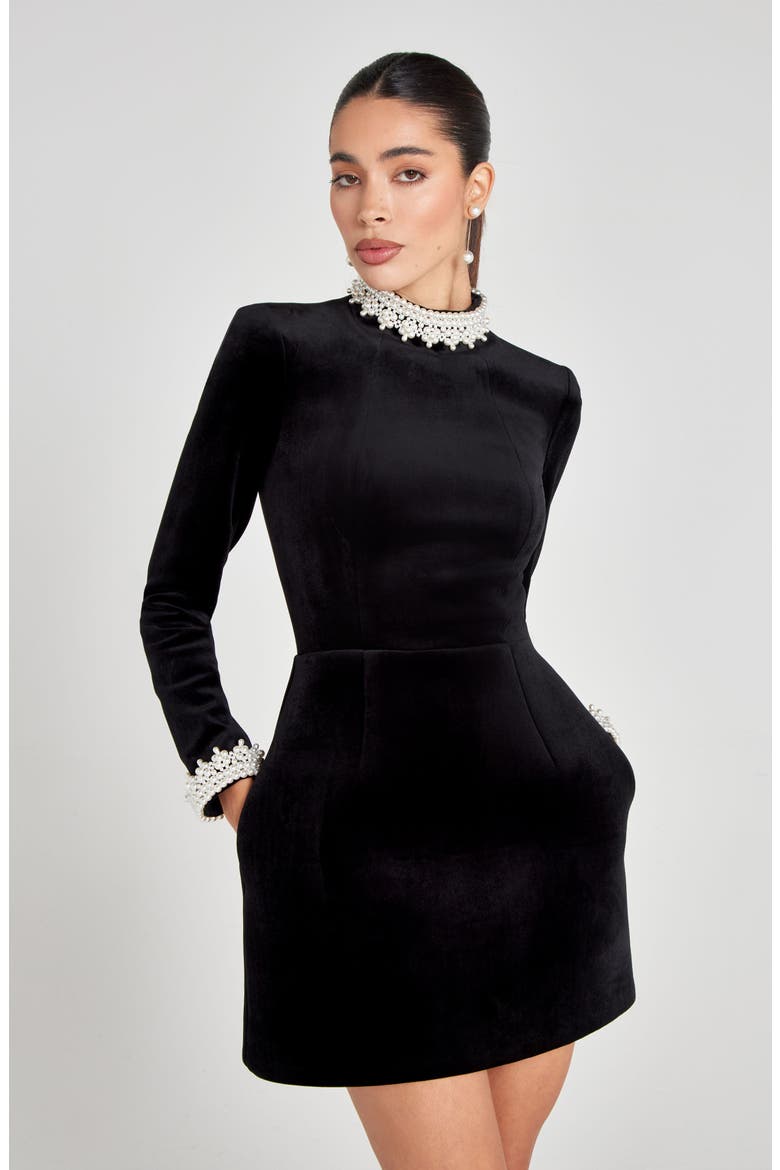 Audrina Long Sleeve Velvet Minidress, Alternate, color, BLACK