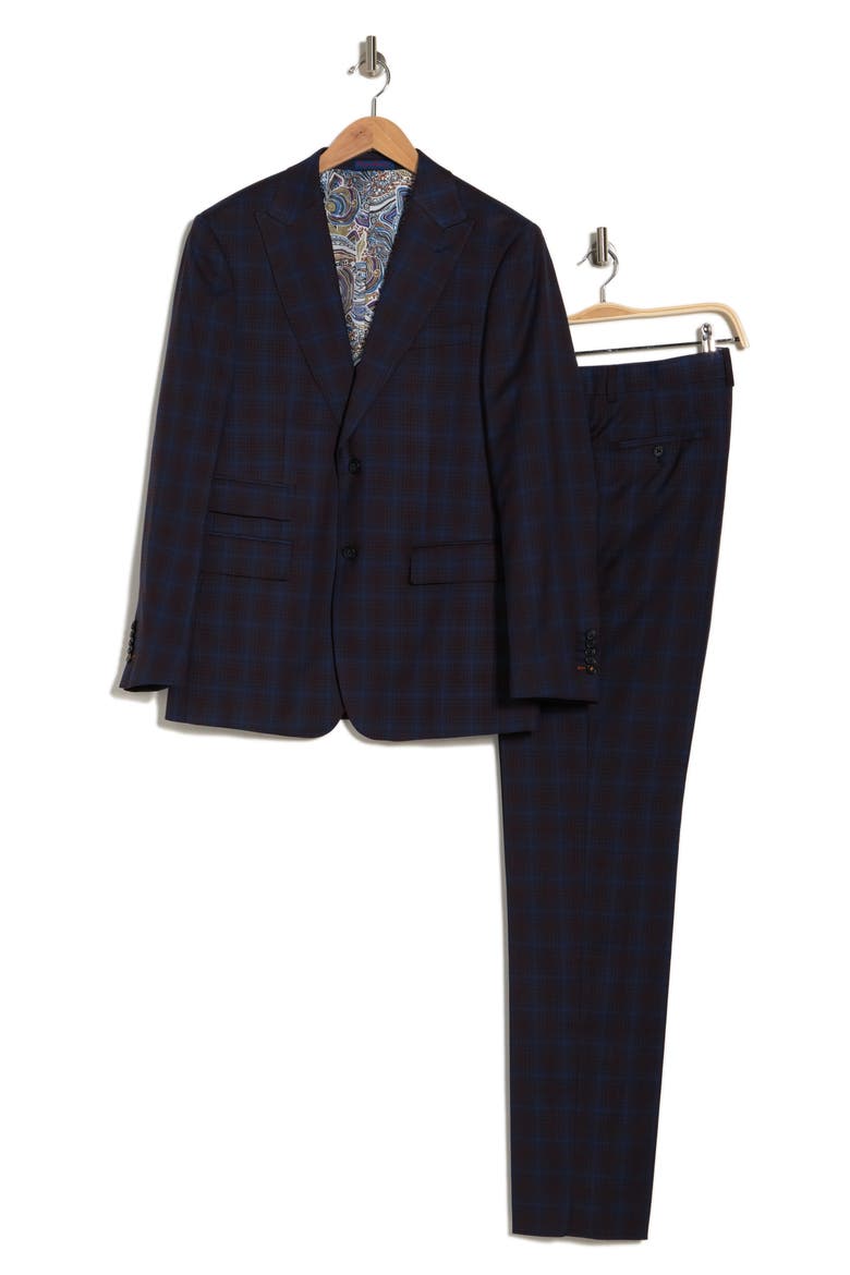 Plaid Two Button Peak Lapel Trim Fit Suit, Alternate, color, BLUE