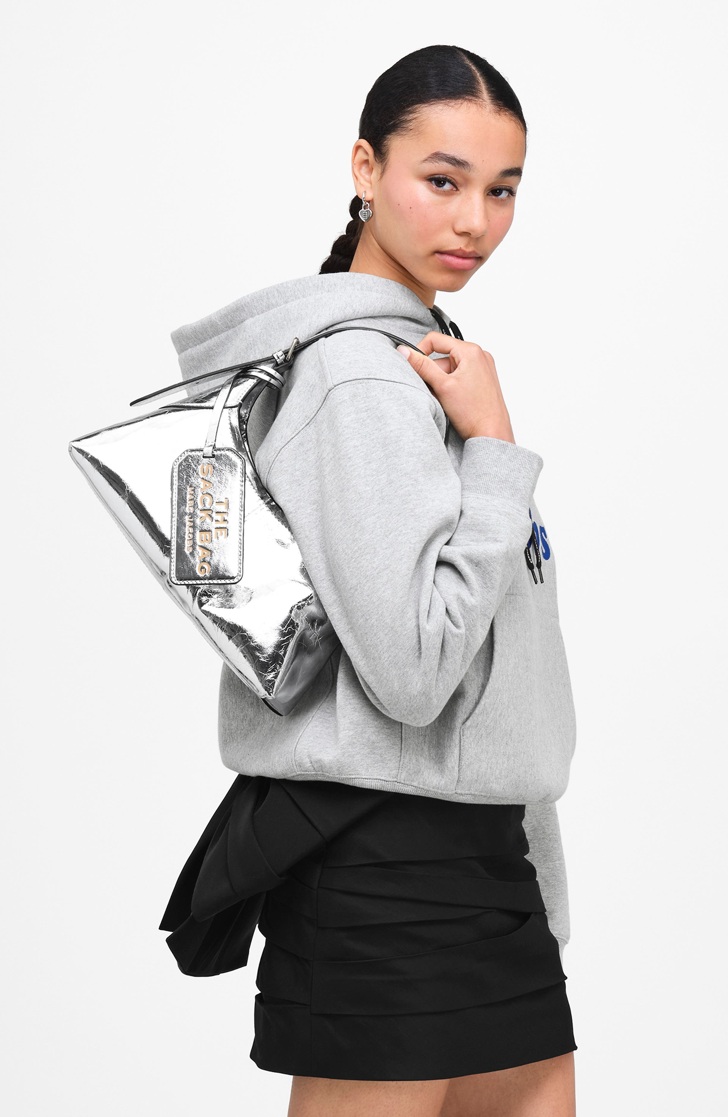 The Small Crinkle Leather Belted Sack Bag, Alternate, color, SILVER