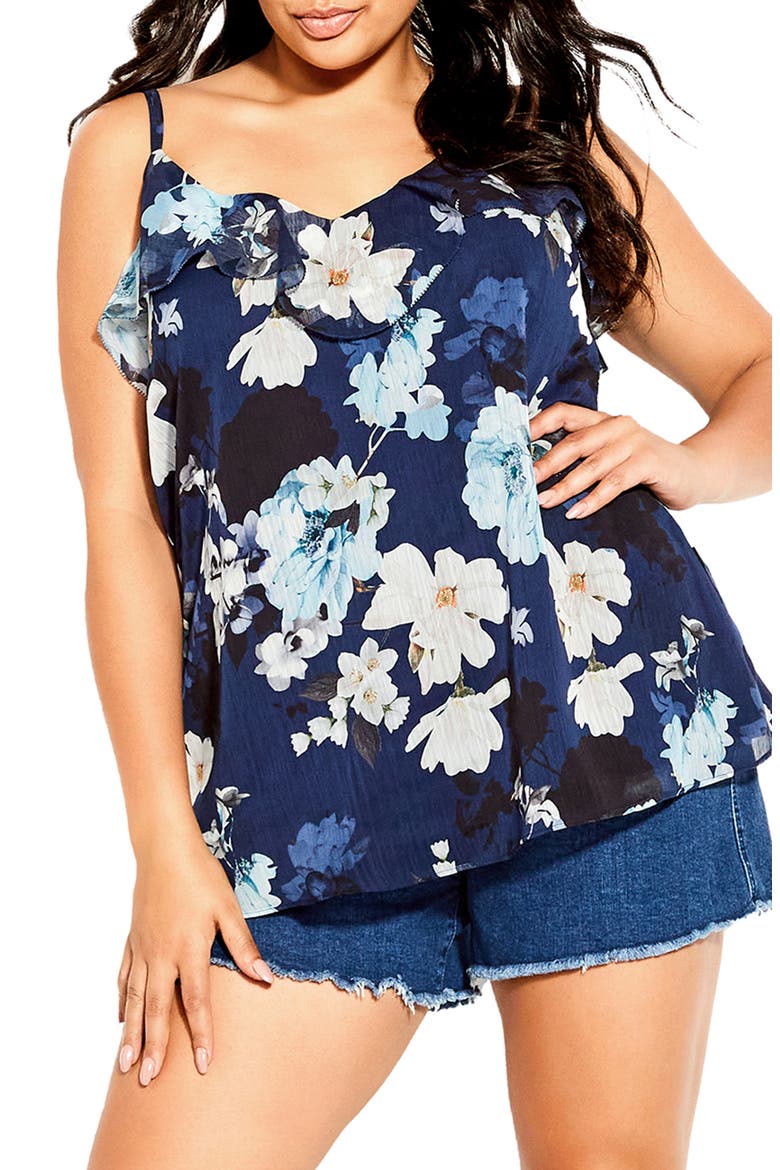 Shy Orchid Floral Ruffle Camisole, Main, color, NAVY SHY ORCHID