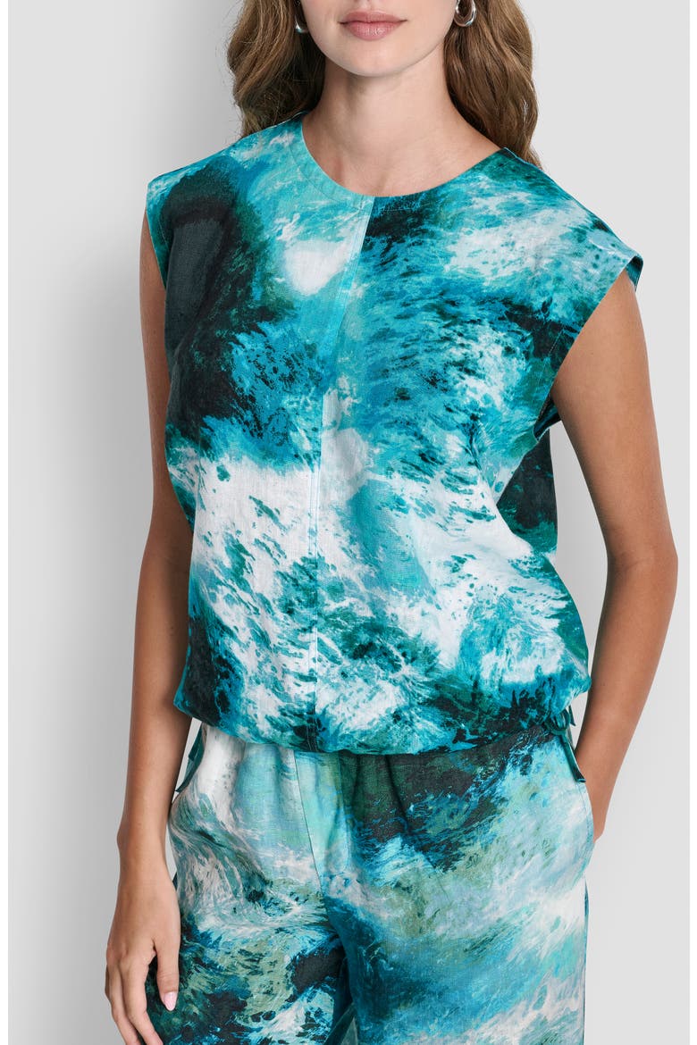 Brushstroke Print Drawstring Waist Linen Top, Main, color, TIDAL BRUSHSTROKE