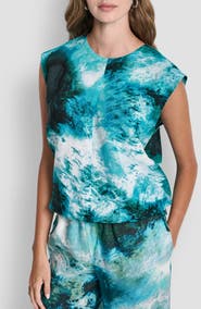 DKNY Brushstroke Print Drawstring Waist Linen Top