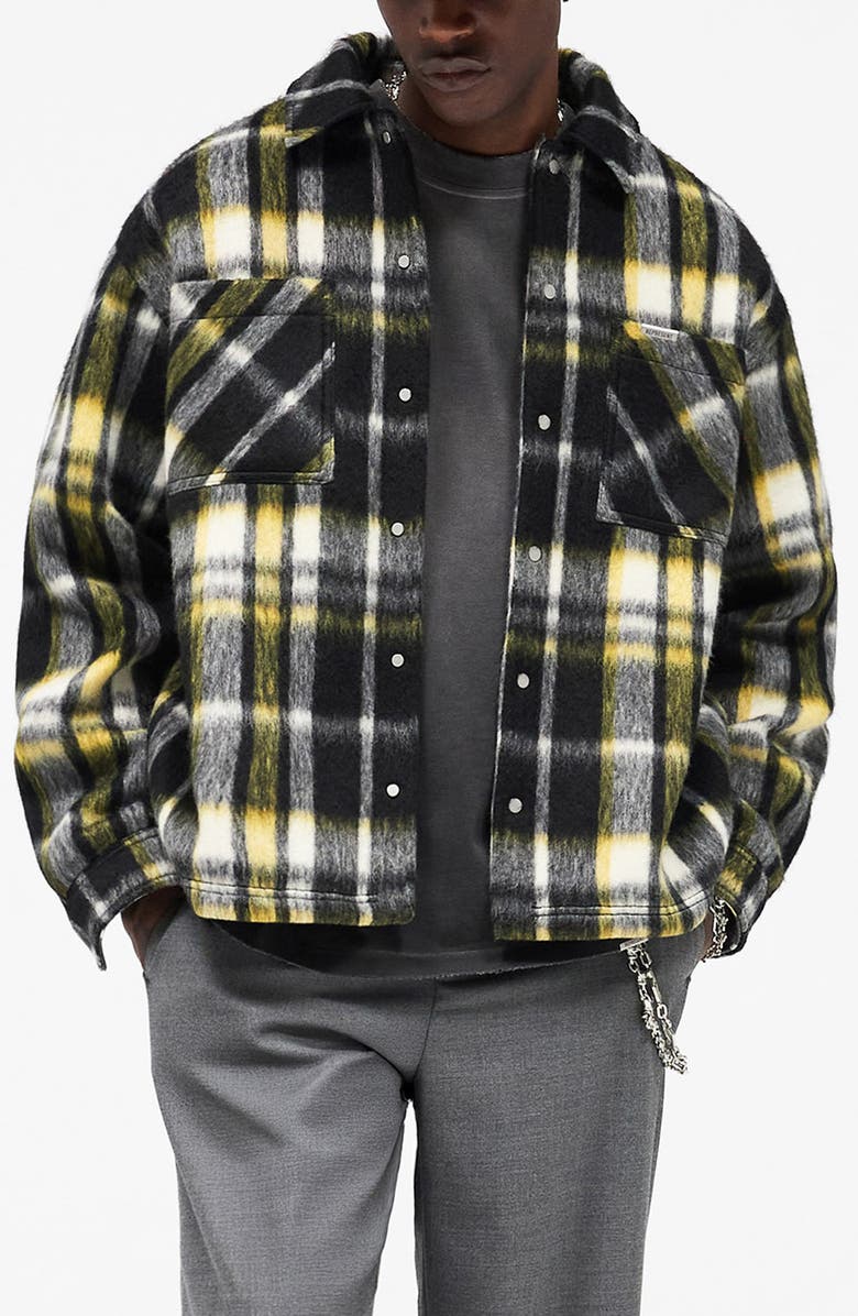 Represent Oversize Plaid Faux Fur Magnetic Snap Shirt Jacket, Main, color, Jet Black