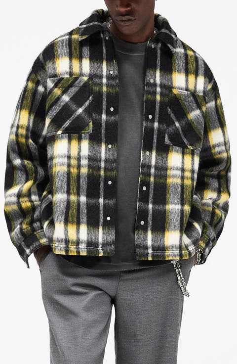 Oversize Plaid Faux Fur Magnetic Snap Shirt Jacket
