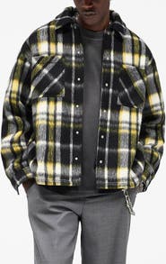Represent Oversize Plaid Faux Fur Magnetic Snap Shirt Jacket