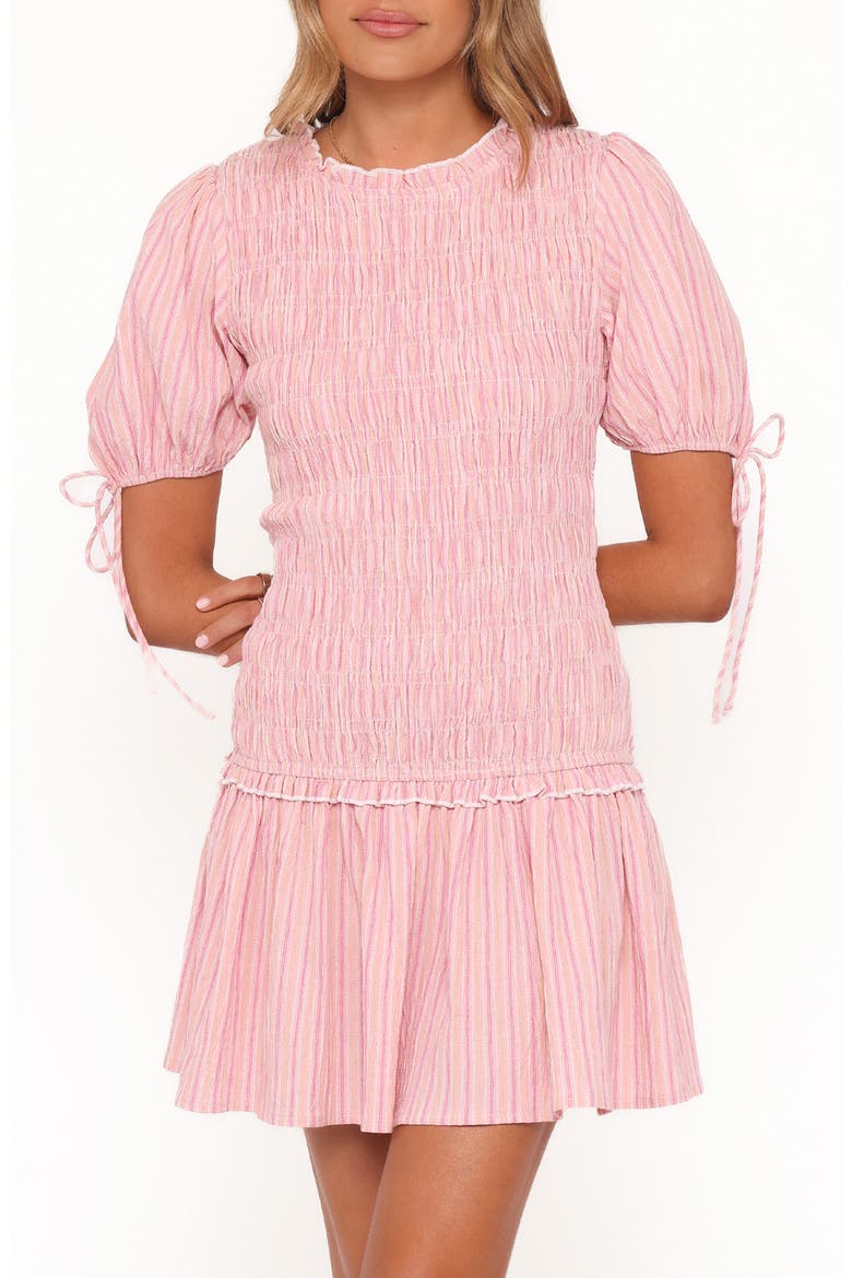 Kaelyn Smocked Bodice Drop Waist Cotton Minidress, Main, color, PINK STRIPE