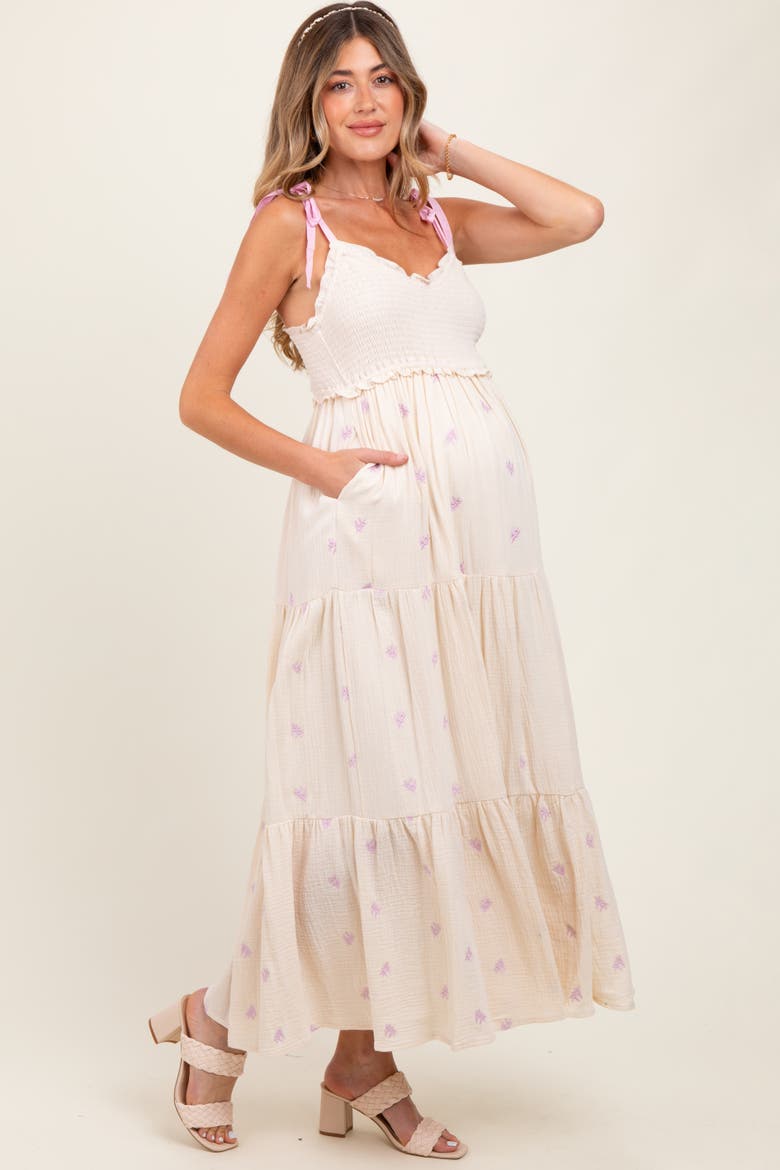 Embroidered Smocked Shoulder Tie Maxi Dress, Alternate, color, Cream