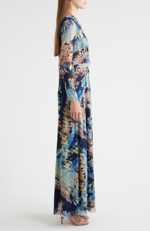 Anne Klein Abstract Print Twist Front Long Sleeve Mesh Maxi Dress In Blue