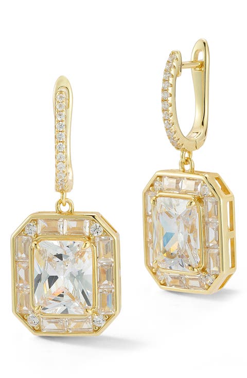 Cubic Zirconia Halo Drop Lever Back Earrings