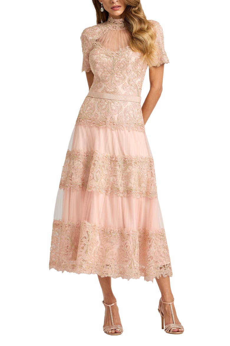 Lace & Mesh Midi Cocktail Dress, Alternate, color, PETAL/ GOLD