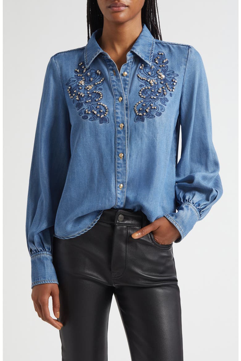 Rhinestone Detail Denim Button-Up Shirt, Main, color, CIEL