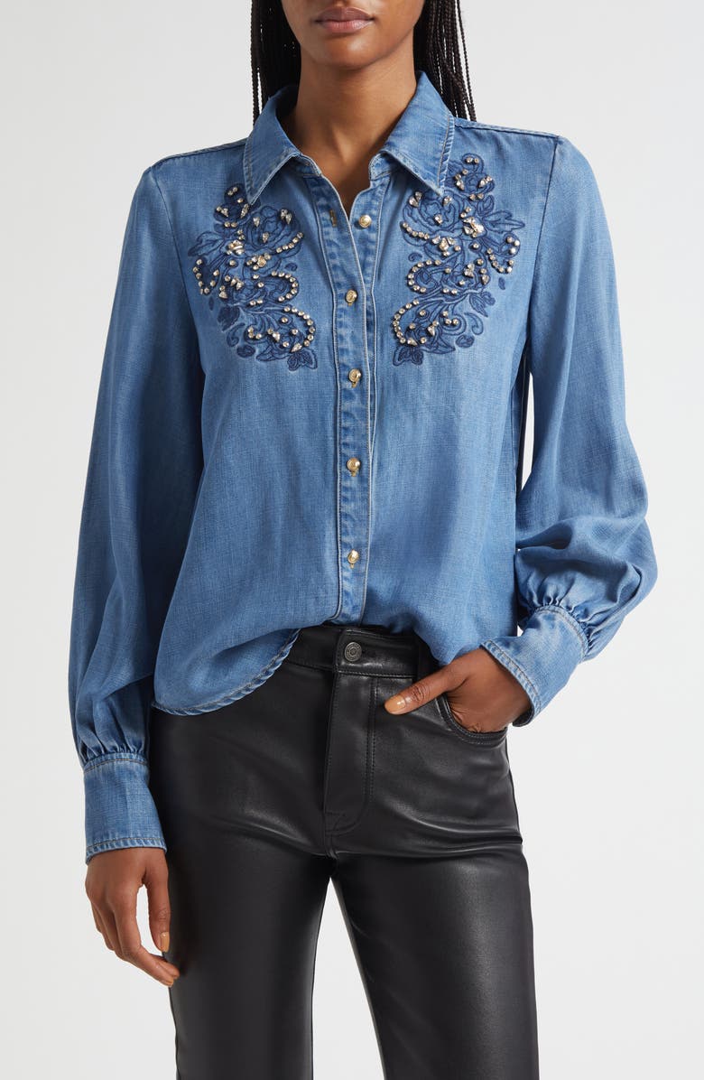 Cinq à Sept Rhinestone Detail Denim Button-Up Shirt, Main, color, Ciel