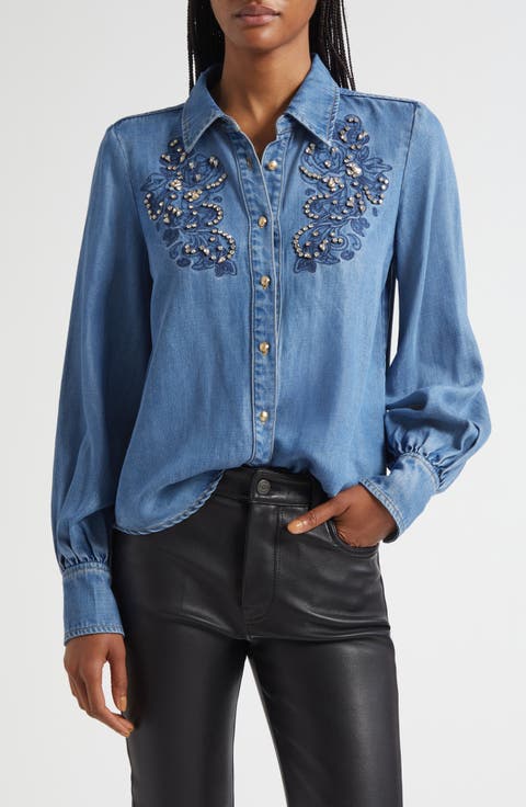 Rhinestone Detail Denim Button-Up Shirt