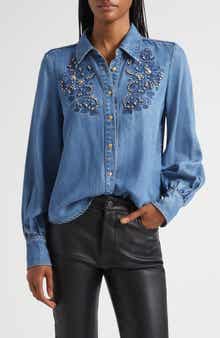 Cinq à Sept Rhinestone Detail Denim Button-Up Shirt