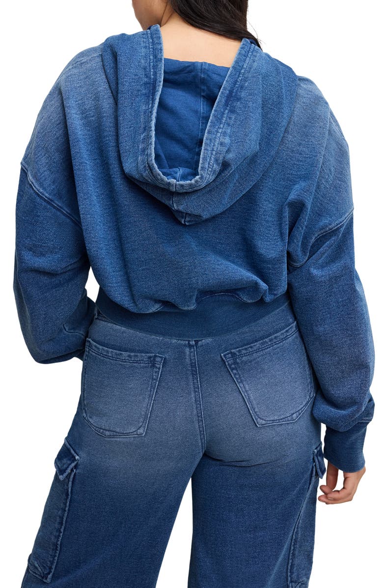 Good American Jeanius Crop French Terry Zip Hoodie, Alternate, color, Indigo900