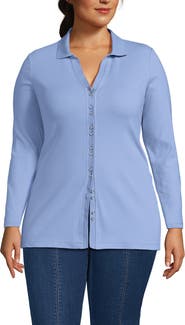 Lands' End Long Sleeve Polished Rib Button Through Tunic Shirt