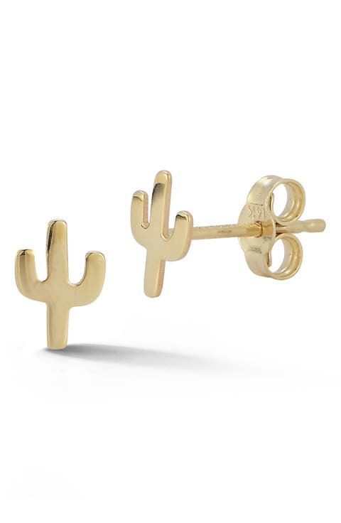 14K Gold Cactus Stud Earrings