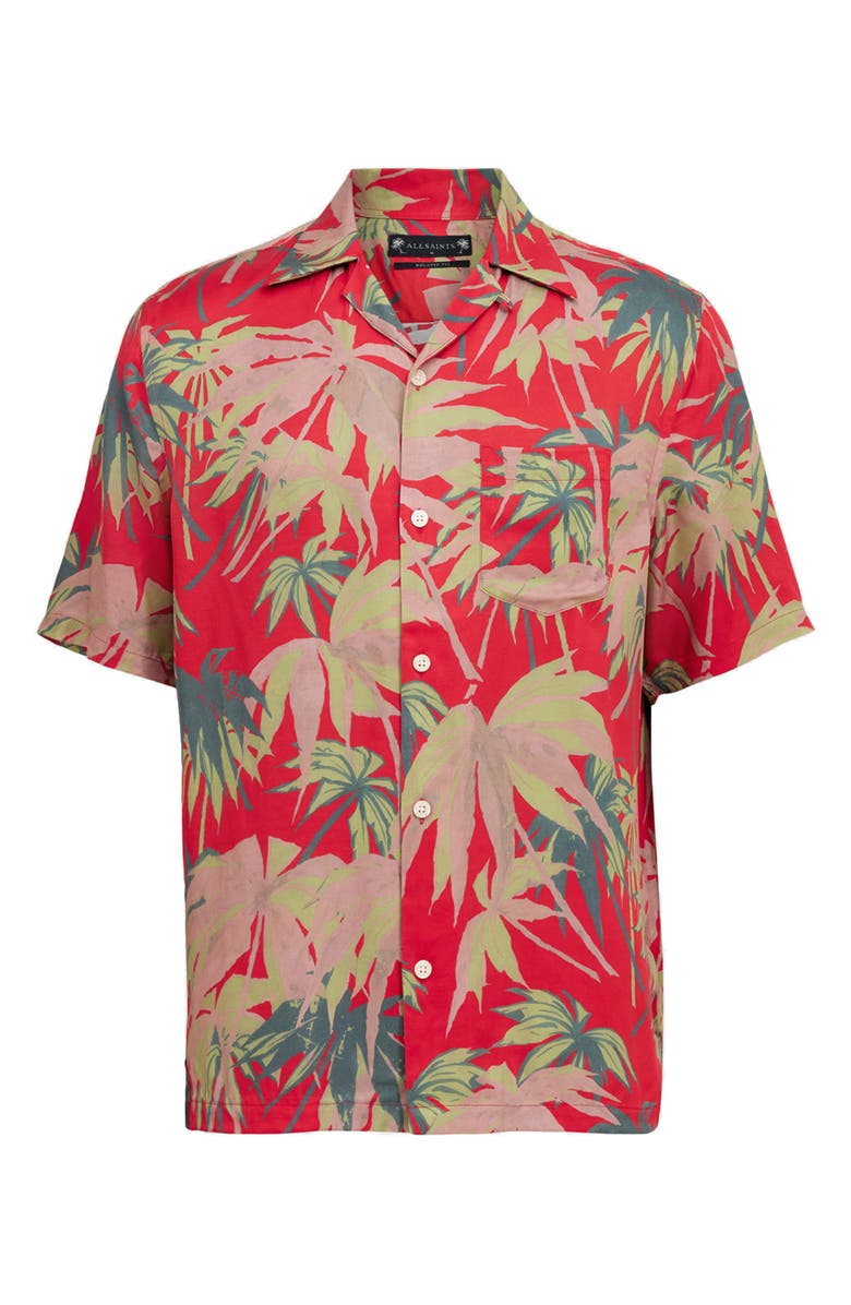 AllSaints Hudson Oversize Palm Tree Print Camp Shirt, Alternate, color, Scarlett Red