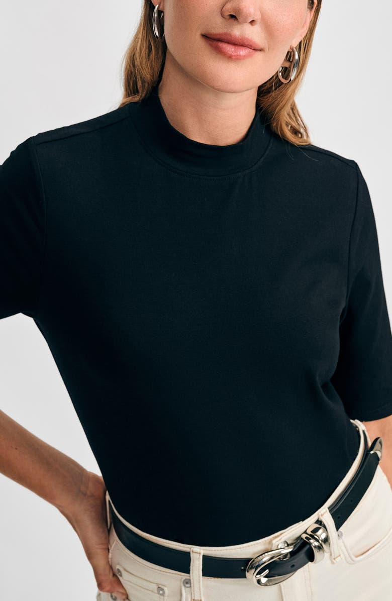 Isaac Mizrahi New York Elbow Sleeve Mock Neck Top, Alternate, color, Black